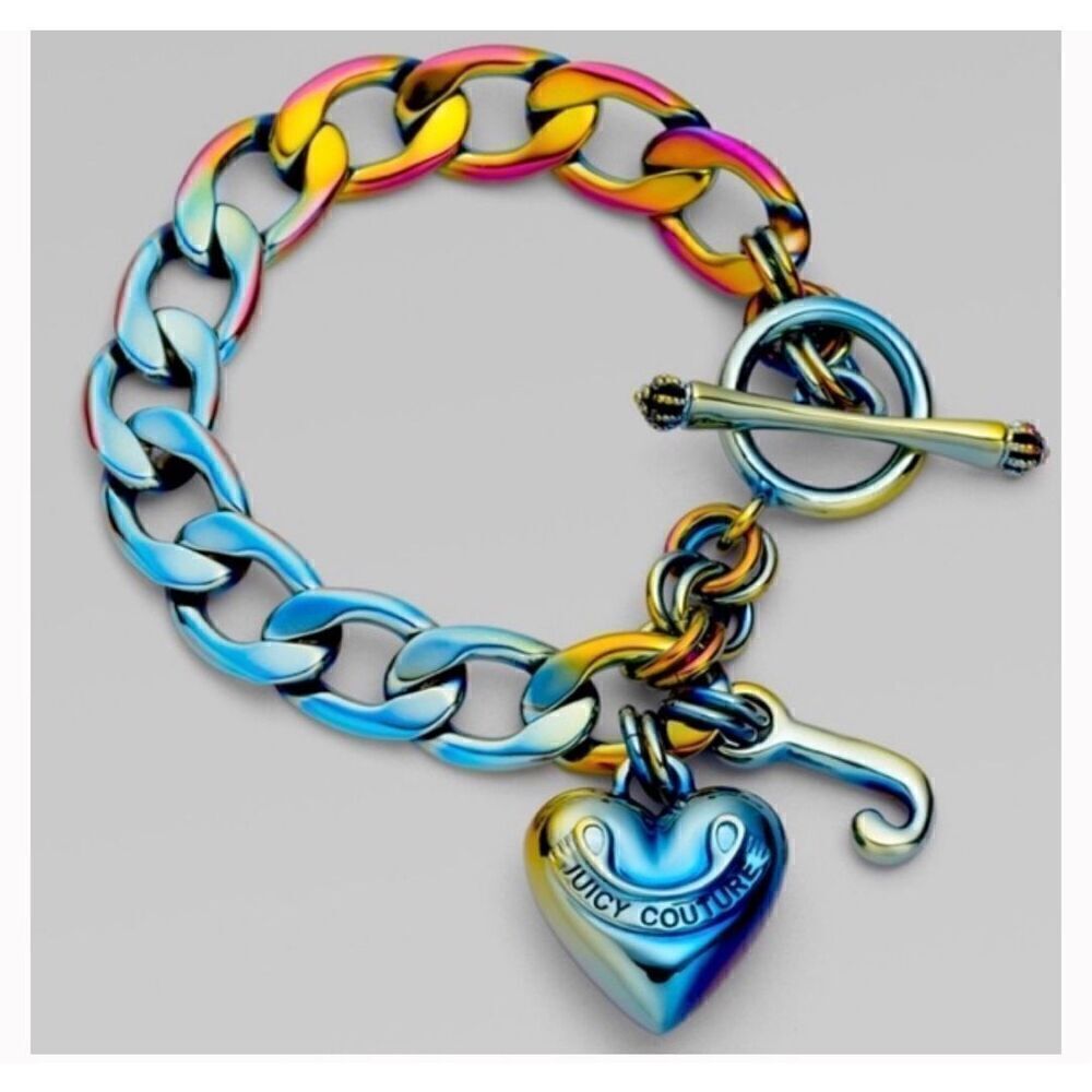juicy couture JC puffyheart starter charm bracelet curb chain iridescent oil sli